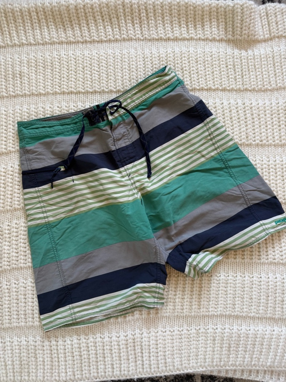 Patagonia Green, Navy & Gray Striped Men’s Swim Board Shorts - Men’s Size 33
